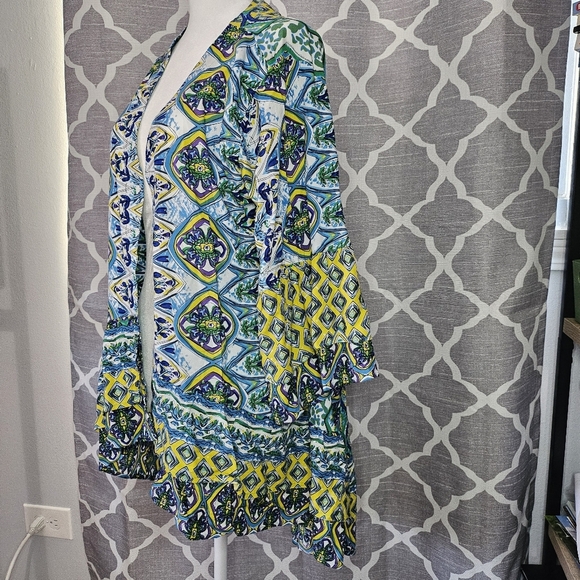 Tolani Collection Kimono Topper Blue Yellow Boho Ruffle Bell Sleeve Size Small - Picture 2 of 13